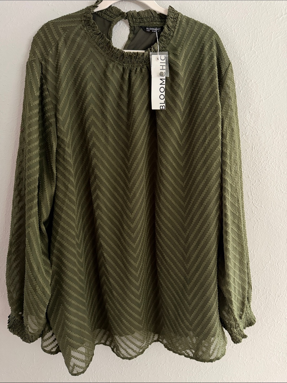 BloomChic Olive Chevron Textured Ruffle-Neck Blouse